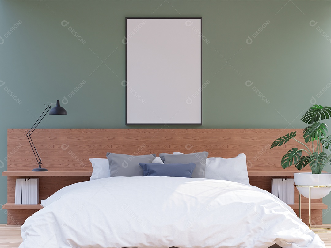 3D interior moderno do quarto com moldura de maquete