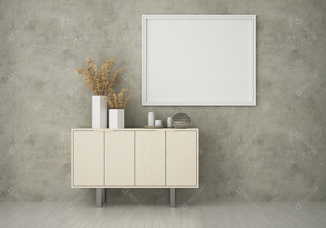 Molduras para fotos de maquete de ilustração 3D na bela parede no salão da galeria ou no saguão do edifício de luxo, decorado com interior de estilo escandinavo