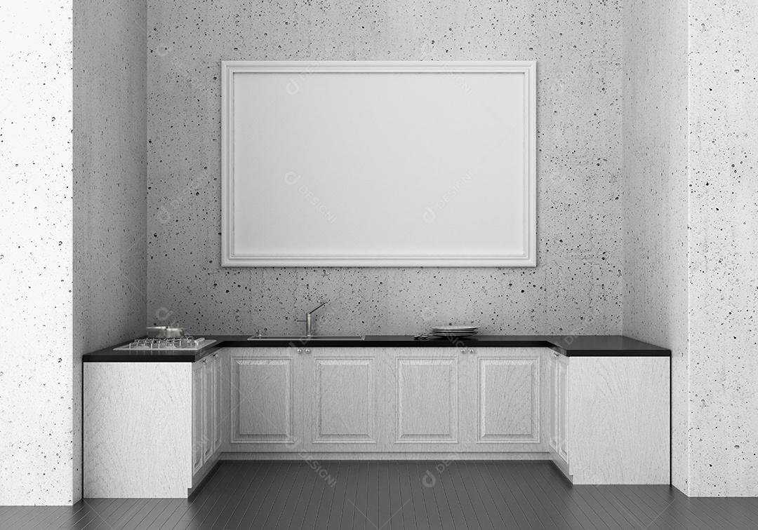 Placa grande de maquete de ilustração 3D com moldura na sala de jantar com cozinha em casa, cores pastel interiores de estilo escandinavo e decoração com móveis bonitos e confortáveis, renderização