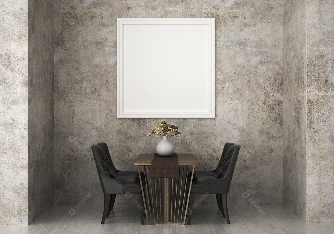 Placa grande de maquete de ilustração 3D com moldura na sala de jantar com cozinha em casa, cores pastel interiores de estilo escandinavo e decoração com móveis bonitos e confortáveis, renderização