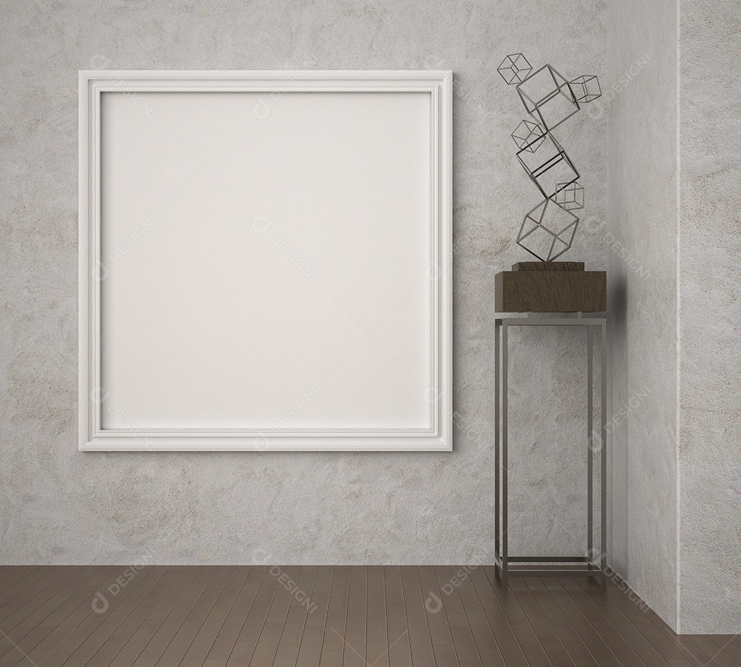 3D illustration mockup photo frame on beautiful wall in gallery hall or lobby of luxury building decorated with scandinavian style interior and natural rendering