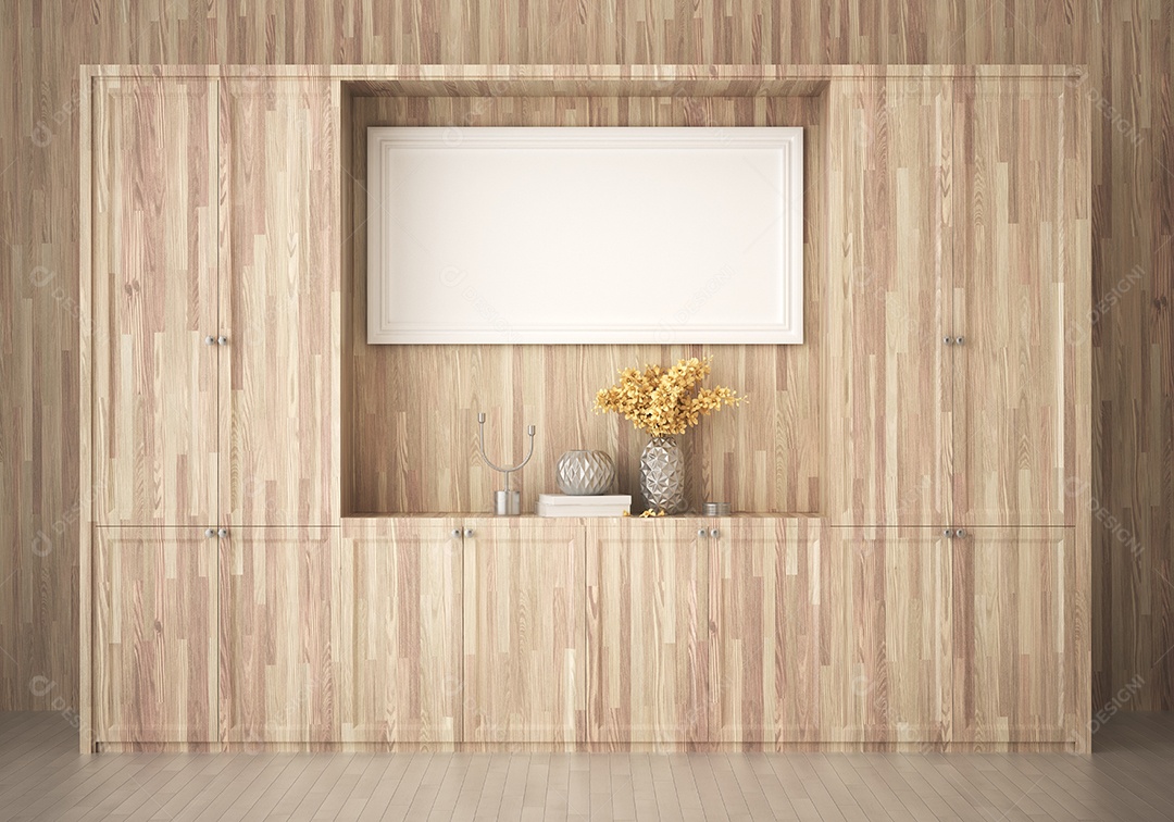 Molduras para fotos de maquete de ilustração 3D na bela vitrine de madeira na sala de estar, decorada com interior de estilo escandinavo e renderização natural