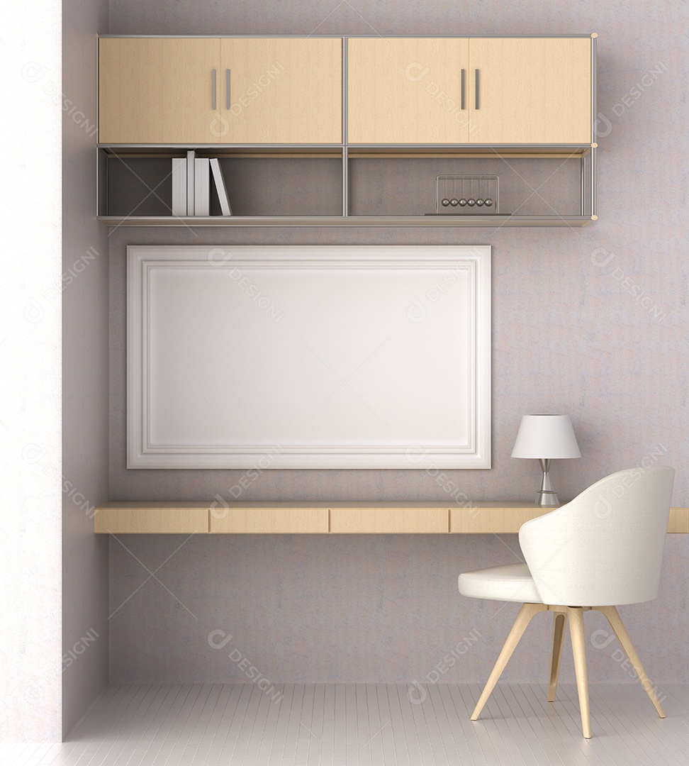 Placa em branco de maquete de ilustração 3D com moldura na parede na área de trabalho em casa, interior de estilo escandinavo