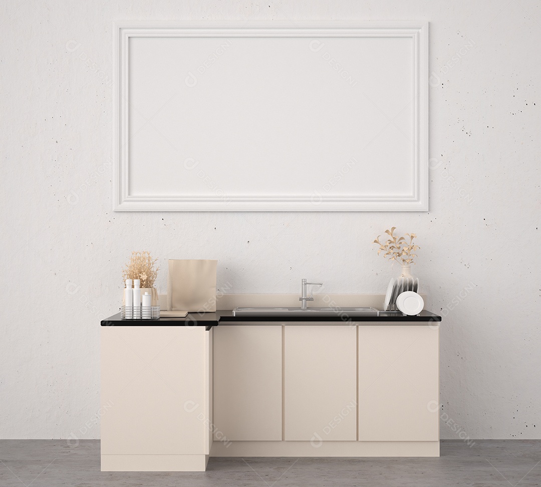 Placa grande de maquete de ilustração 3D com moldura na sala de jantar com cozinha em casa, cores pastel interiores de estilo escandinavo