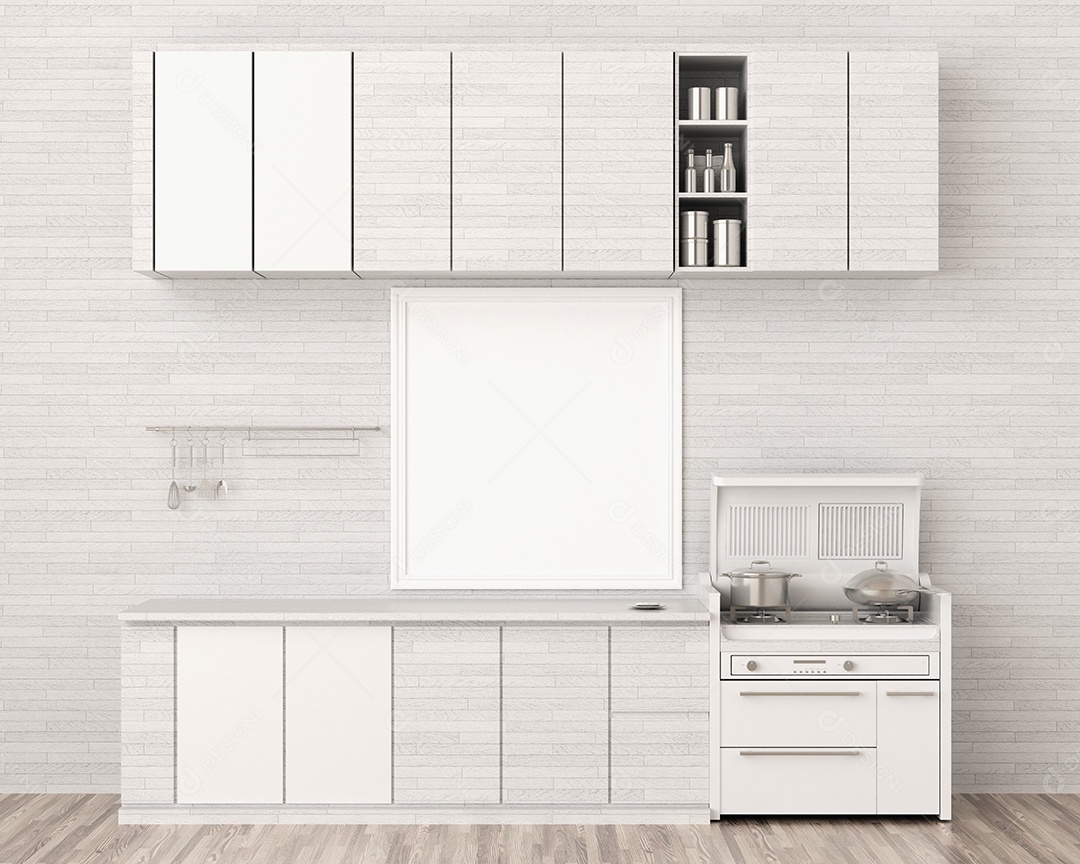 Placa grande de maquete de ilustração 3D com moldura na sala de jantar com cozinha em casa, cores pastel interiores de estilo escandinavo