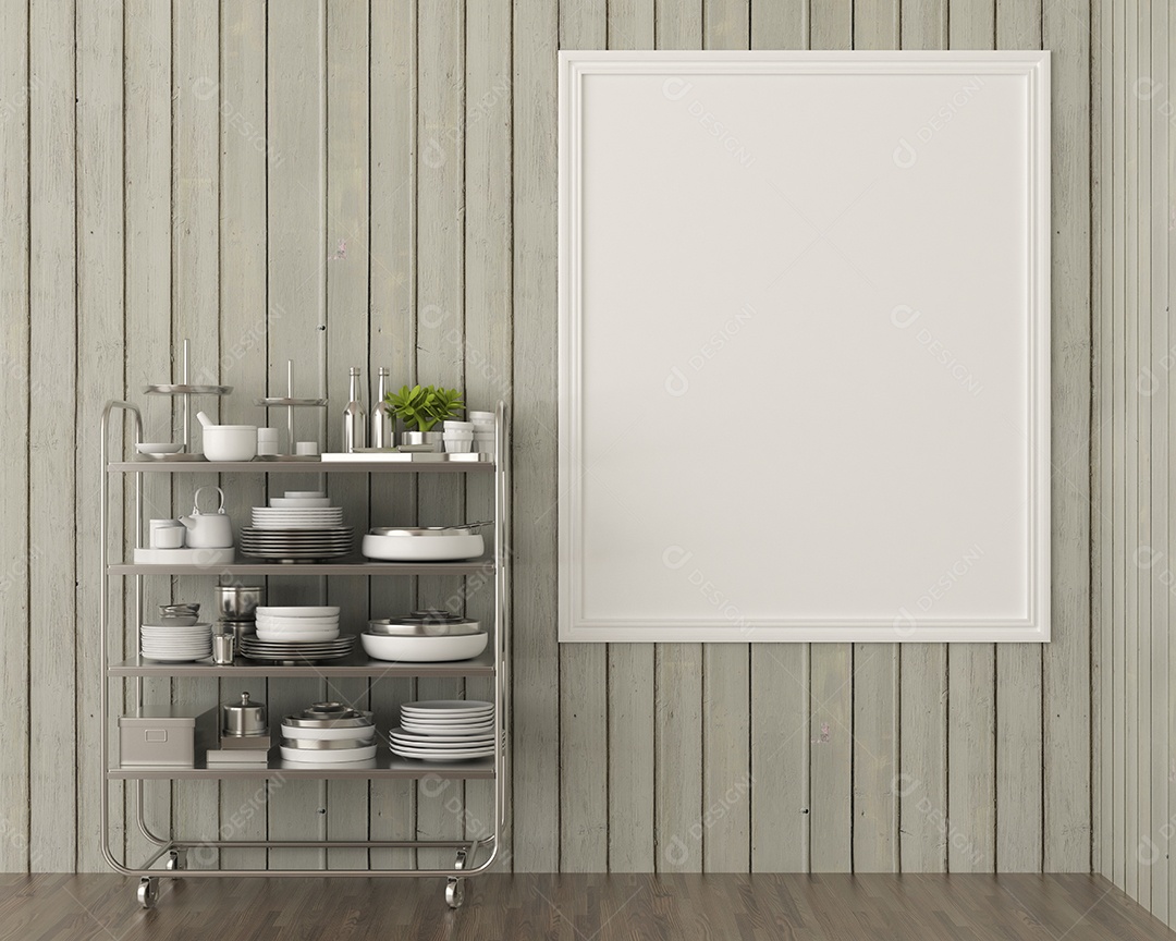 Placa grande de maquete de ilustração 3D com moldura na sala de jantar com cozinha em casa, cores pastel interiores de estilo escandinavo