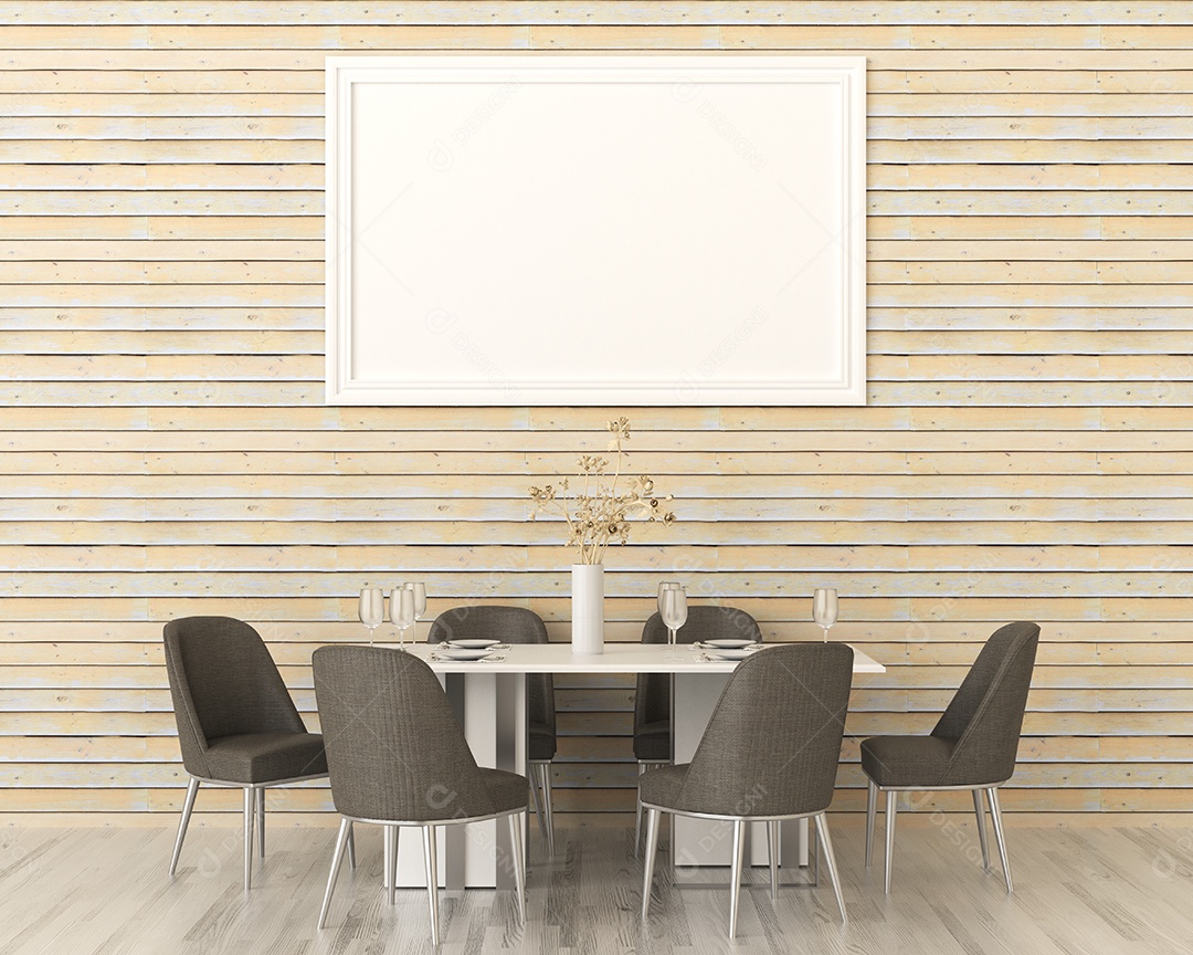 Placa grande de maquete de ilustração 3D com moldura na sala de jantar em casa ou restaurante, cores pastel interiores de estilo escandinavo