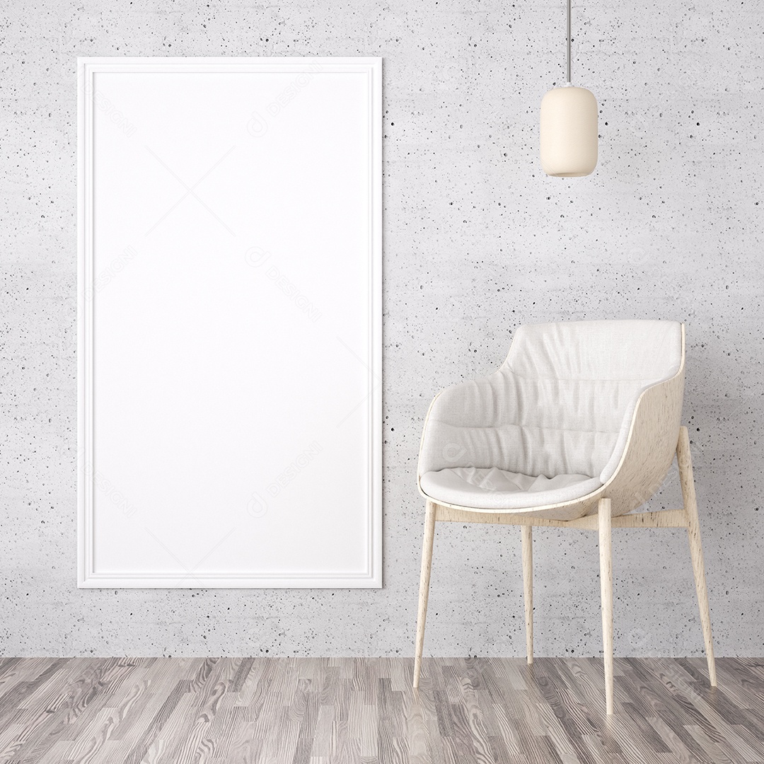 Placa grande de maquete de ilustração 3D com moldura na sala de jantar com cozinha em casa, cores pastel interiores de estilo escandinavo