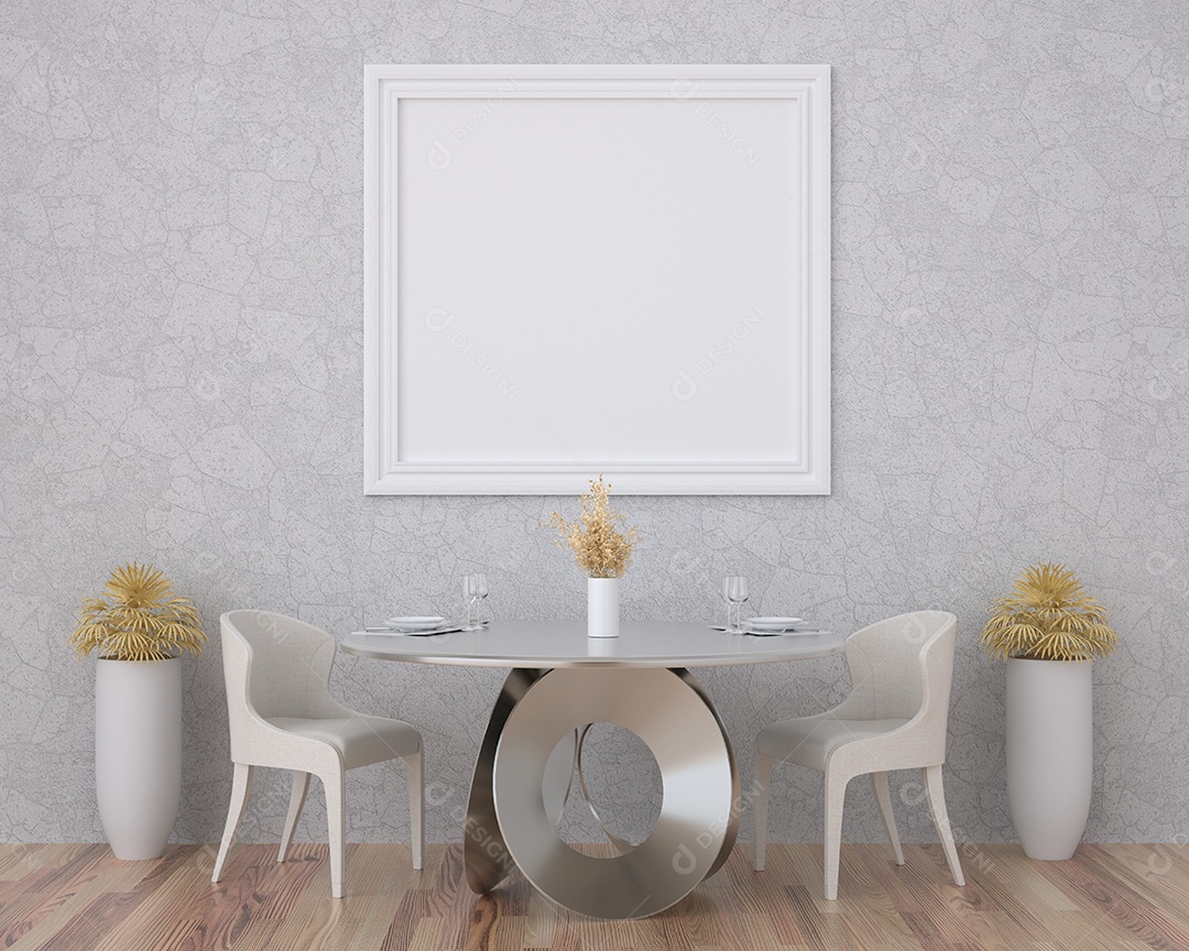 Placa grande de maquete de ilustração 3D com moldura na sala de jantar em casa ou restaurante, cores pastel interiores de estilo escandinavo
