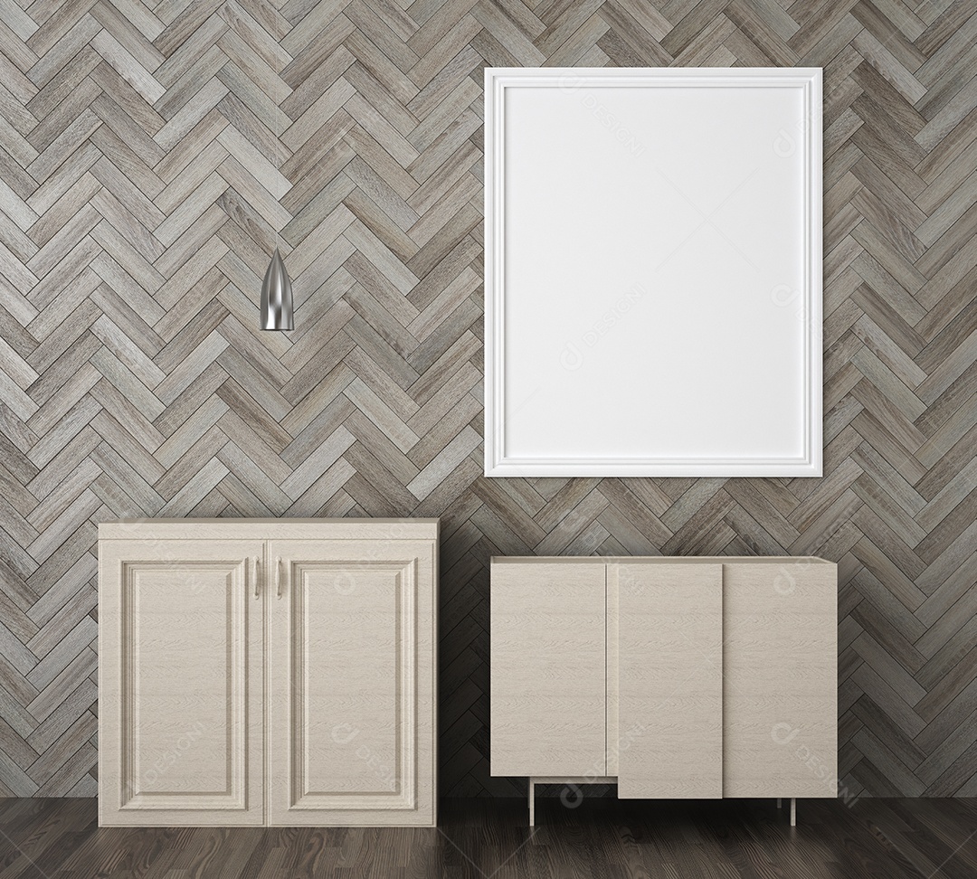 Moldura de foto de maquete de ilustração 3D na bela parede da sala de estar, decorada com interior de estilo escandinavo e renderização natural