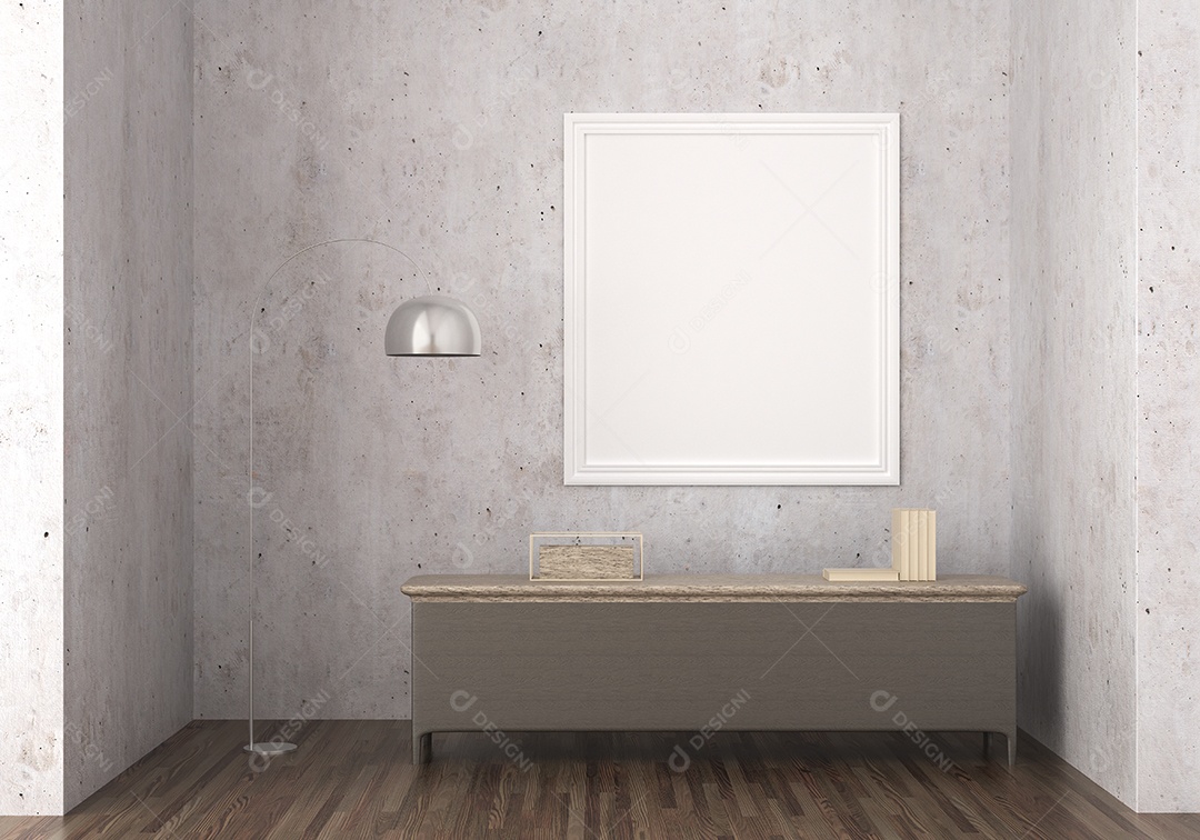 Placa em branco de maquete de ilustração 3D com moldura na parede na área de trabalho em casa, interior de estilo escandinavo