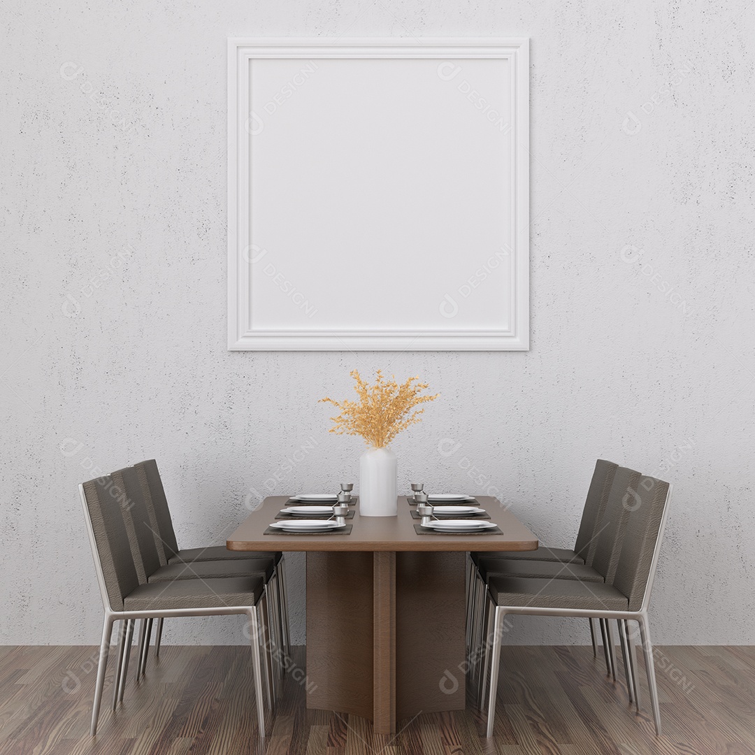 Placa grande de maquete de ilustração 3D com moldura na sala de jantar em casa ou restaurante, cores pastel interiores de estilo escandinavo