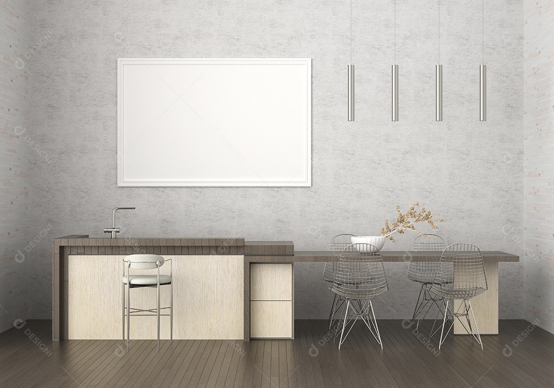 Placa grande de maquete de ilustração 3D com moldura na sala de jantar com cozinha em casa, cores pastel interiores de estilo escandinavo e decoração