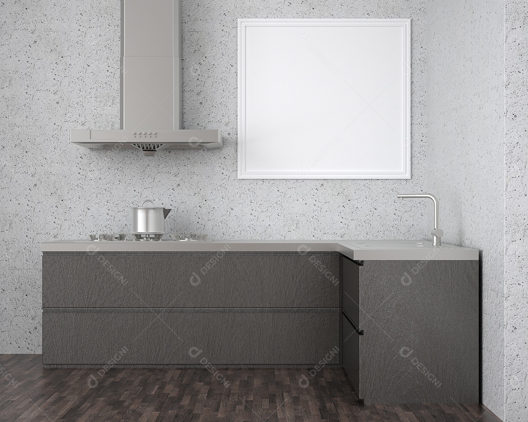 Placa grande de maquete de ilustração 3D com moldura na sala de jantar com cozinha em casa, cores pastel interiores de estilo escandinavo e decoração