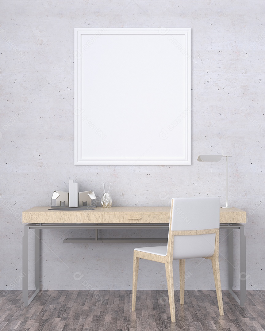 Placa grande de maquete de ilustração 3D com moldura na sala de jantar com cozinha em casa, cores pastel interiores de estilo escandinavo e decoração