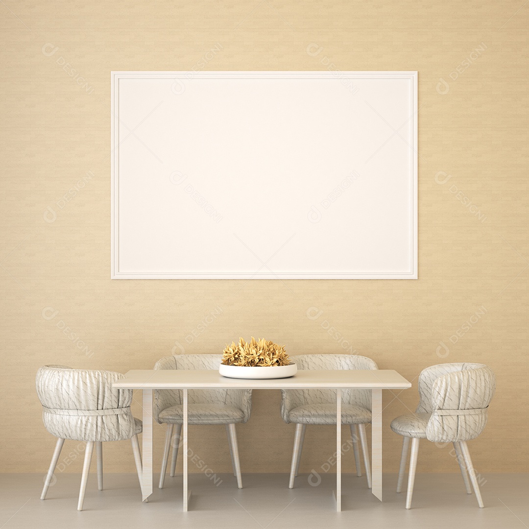 Placa grande de maquete de ilustração 3D com moldura na sala de jantar em casa ou restaurante, cores pastel interiores de estilo escandinavo e decoração