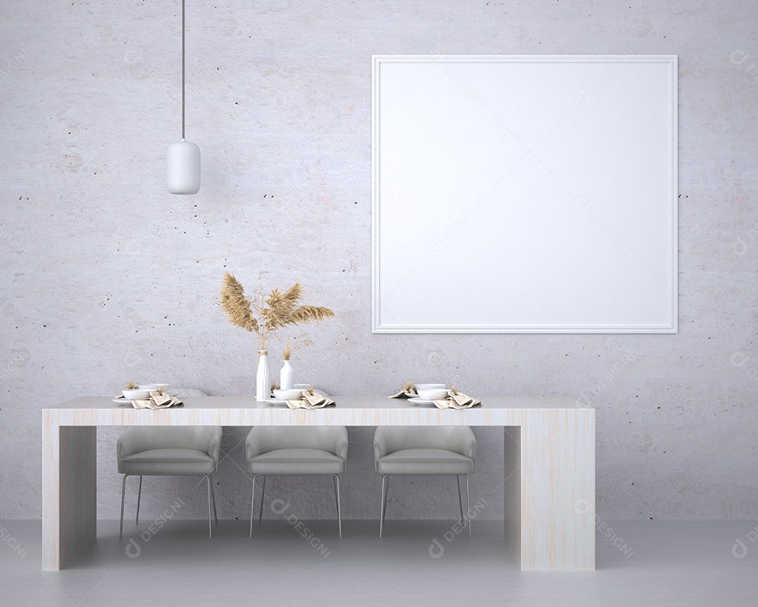 Placa grande de maquete de ilustração 3D com moldura na sala de jantar em casa ou restaurante, cores pastel interiores de estilo