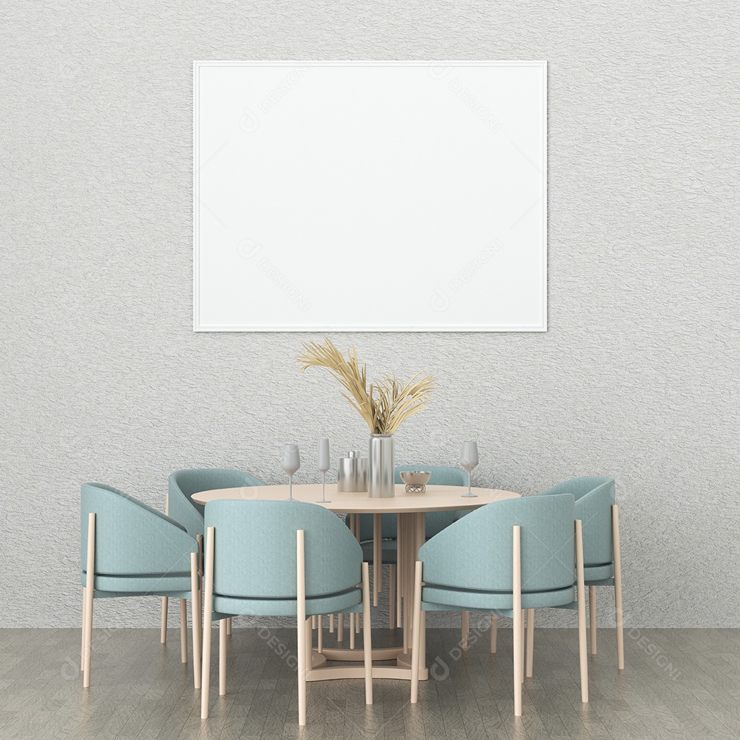 Placa grande de maquete de ilustração 3D com moldura na sala de jantar em casa ou restaurante, cores pastel interiores de estilo escandinavo