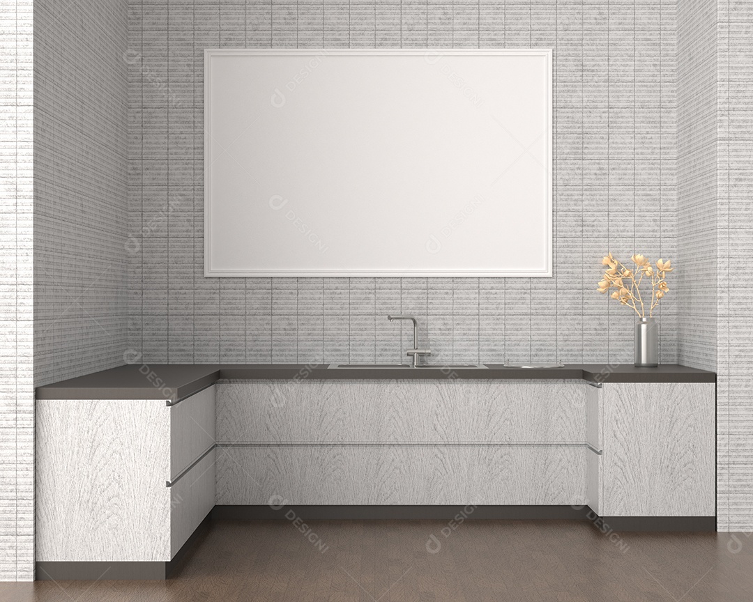 Placa grande de maquete de ilustração 3D com moldura na sala de jantar com cozinha em casa, cores pastel interiores de estilo escandinavo e decoração