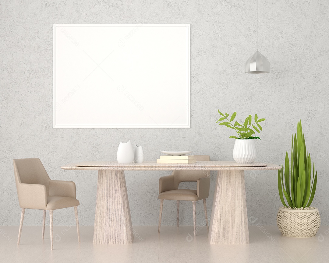 Placa grande de maquete de ilustração 3D com moldura na sala de jantar com cozinha em casa, cores pastel interiores de estilo escandinavo e decoração