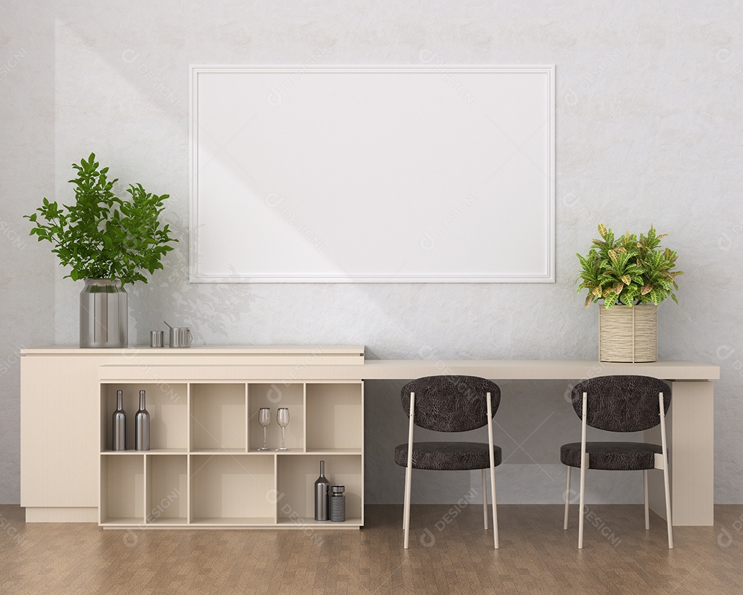 Placa em branco de maquete de ilustração 3D com moldura na parede da sala de jantar, interior de estilo escandinavo com móveis aconchegantes