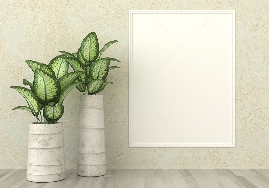 Moldura de foto de maquete de ilustração 3D na bela parede da sala de estar, decorada com interior de estilo escandinavo e renderização natural