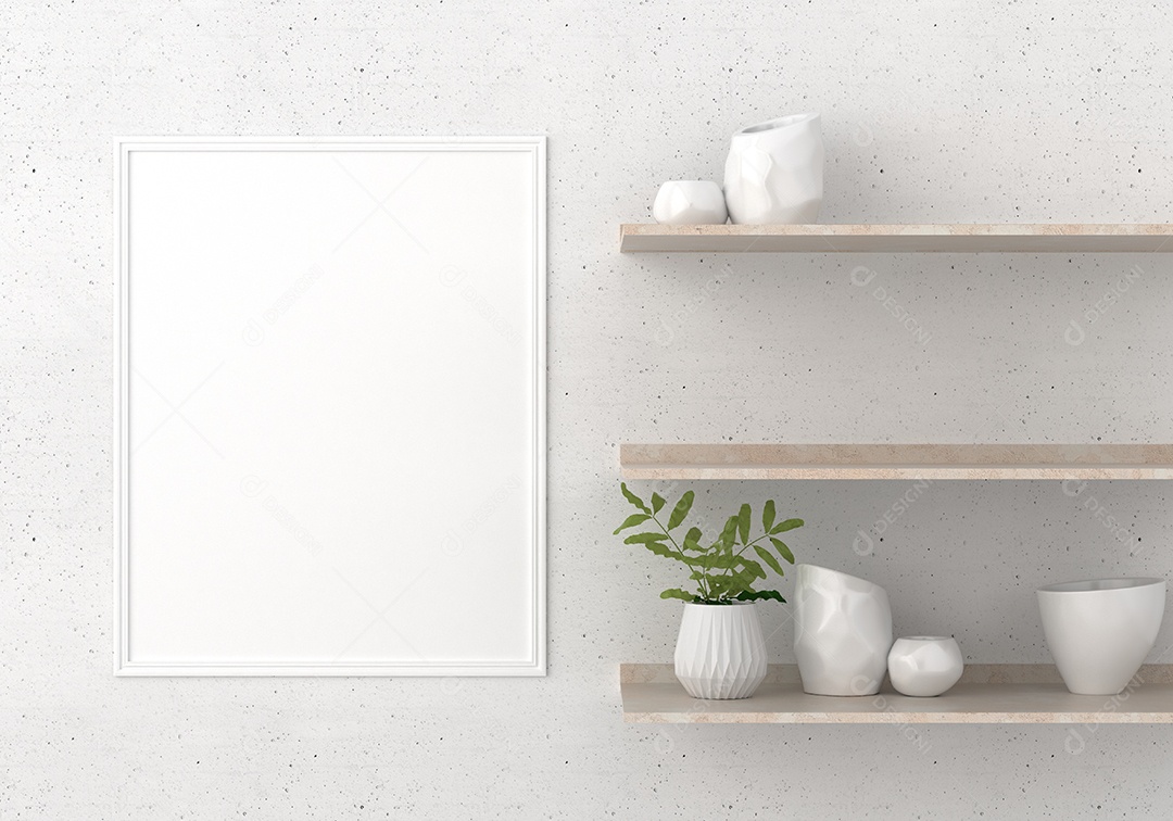 Molduras para fotos de maquete de ilustração 3D na bela parede da sala de estar com vaso de plantas, decorado com interior de estilo escandinavo e renderização natural