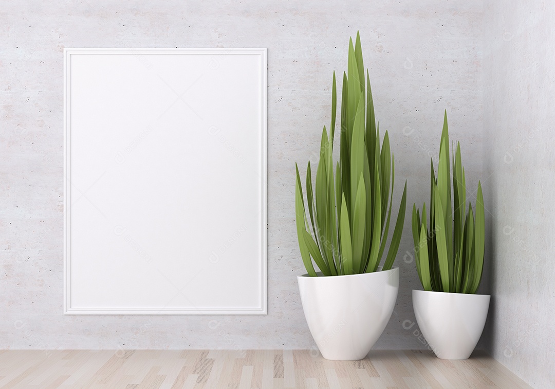 Molduras para fotos de maquete de ilustração 3D na bela parede da sala de estar com vaso de plantas, decorado com interior de estilo escandinavo e renderização natural