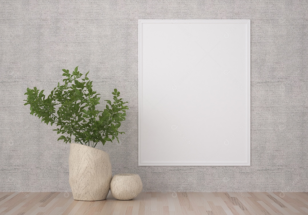 Molduras para fotos de maquete de ilustração 3D na bela parede da sala de estar com vaso de plantas, decorado com interior de estilo escandinavo e renderização natural