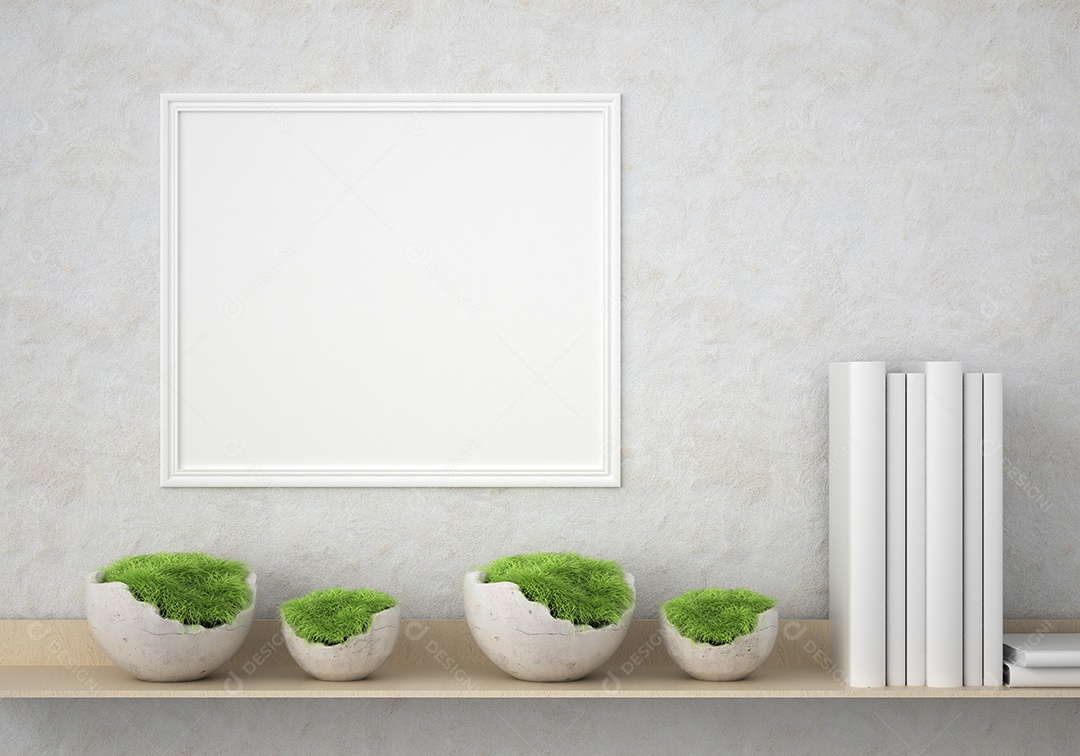 Molduras para fotos de maquete de ilustração 3D na bela parede da sala de estar com vaso de plantas, decorado com interior de estilo escandinavo