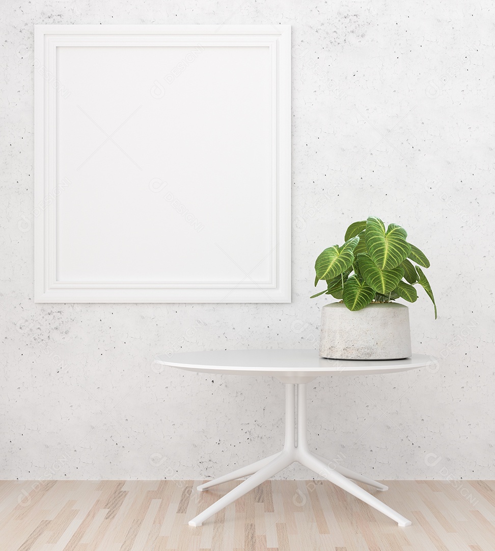 Molduras para fotos de maquete de ilustração 3D na bela parede da sala de estar com vaso de plantas, decorado com interior de estilo