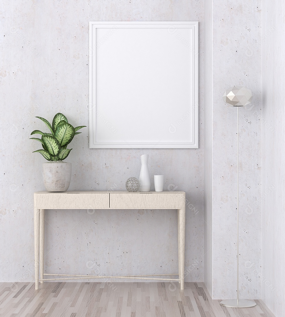 Molduras para fotos de maquete de ilustração 3D na bela parede da sala de estar com vaso de plantas, decorado com interior de estilo escandinavo e renderização natural