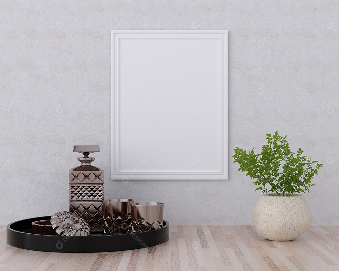Molduras para fotos de maquete de ilustração 3D na bela parede no salão da galeria ou no saguão do edifício de luxo, decorado com interior de estilo escandinavo e renderização natural