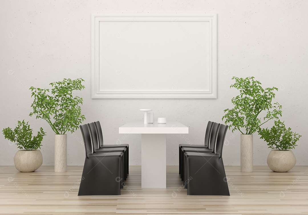 Placa grande de maquete de ilustração 3D com moldura na sala de jantar em casa ou restaurante, cores pastel interiores de estilo escandinavo