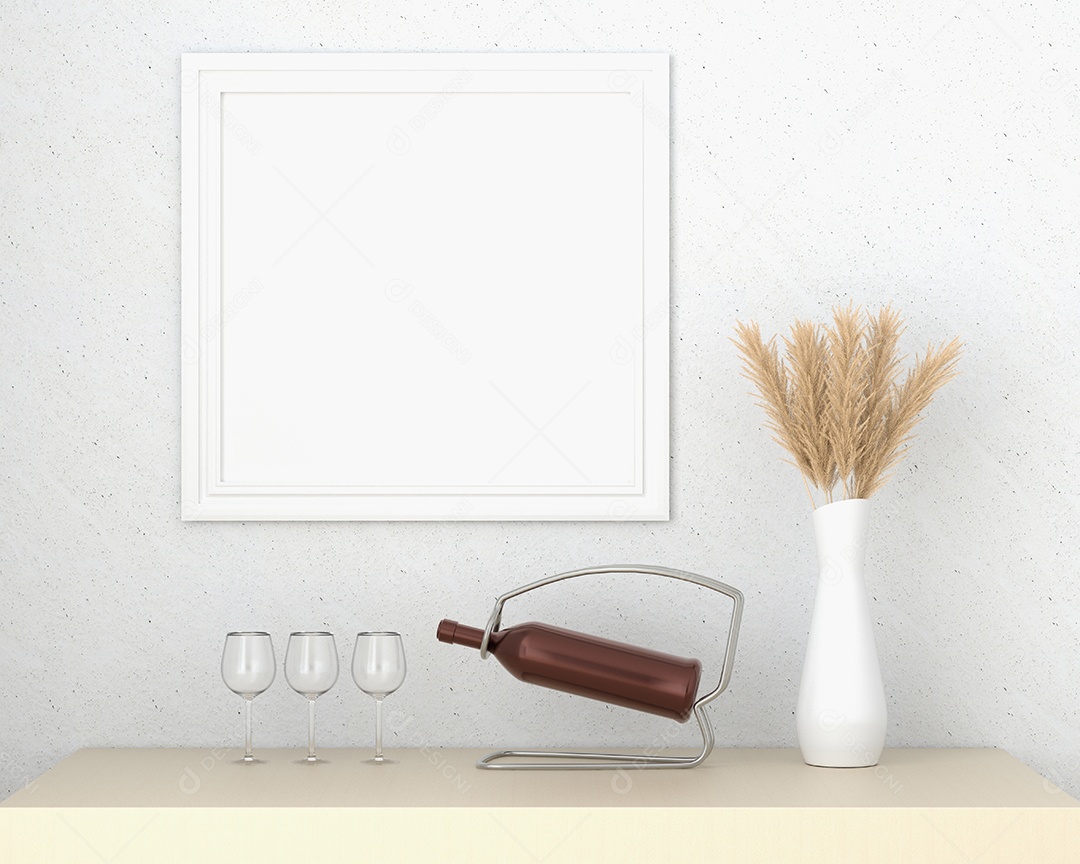 Moldura de foto de maquete de ilustração 3D na bela parede da sala de estar, decorada com interior de estilo escandinavo e renderização natural