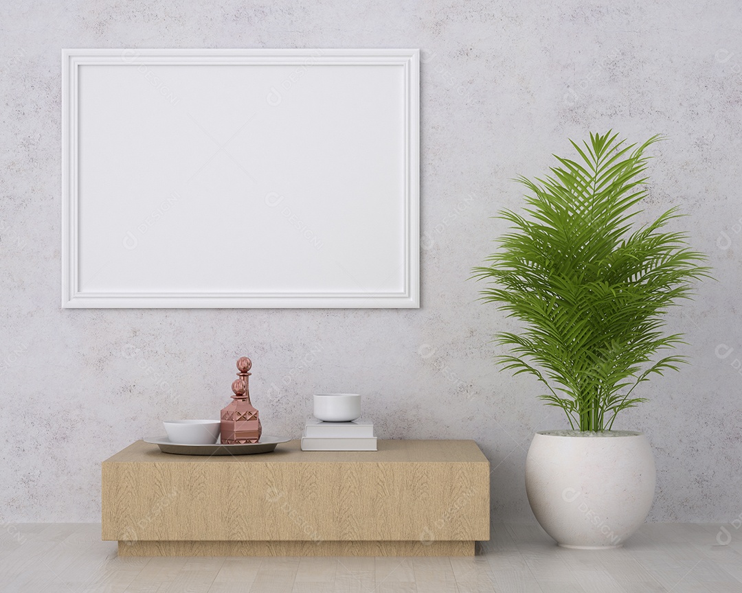 Moldura de foto de maquete de ilustração 3D na bela parede da sala de estar, decorada com interior de estilo escandinavo e renderização natural