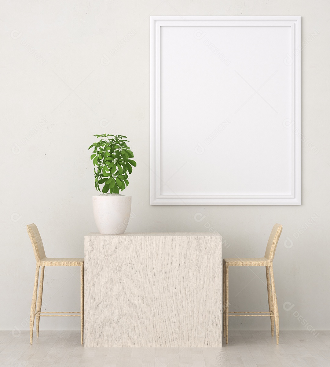 Placa grande de maquete de ilustração 3D com moldura na sala de jantar em casa ou restaurante, cores pastel interiores de estilo escandinavo