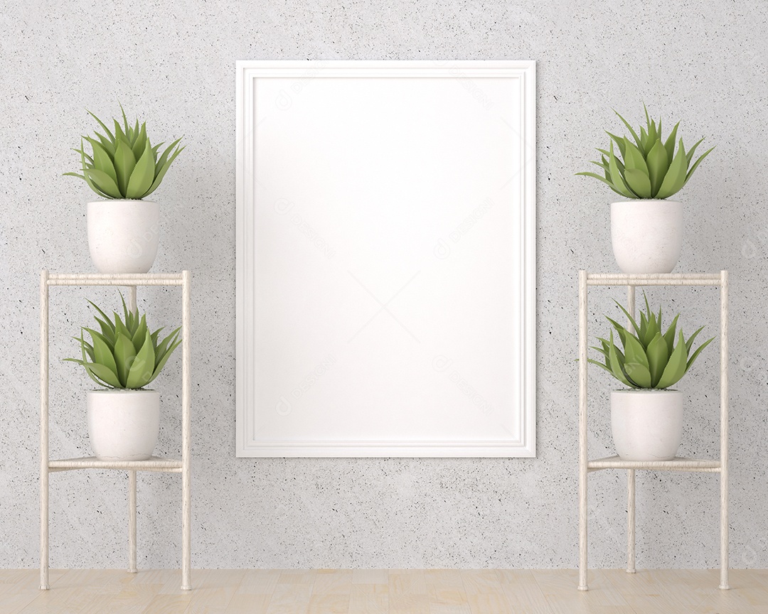 Molduras para fotos de maquete de ilustração 3D na bela parede da sala de estar com vaso de plantas, decorado com interior de estilo escandinavo e renderização natural