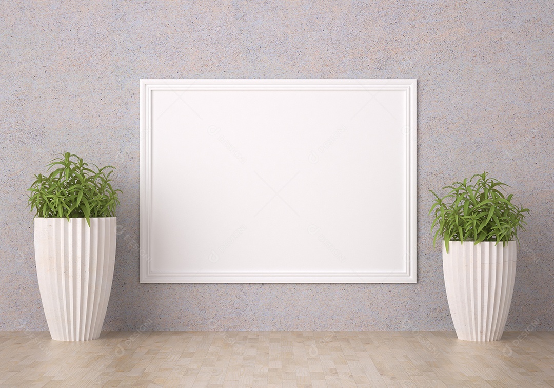 Molduras para fotos de maquete de ilustração 3D na bela parede da sala de estar com vaso de plantas, decorado com interior de estilo escandinavo e renderização natural