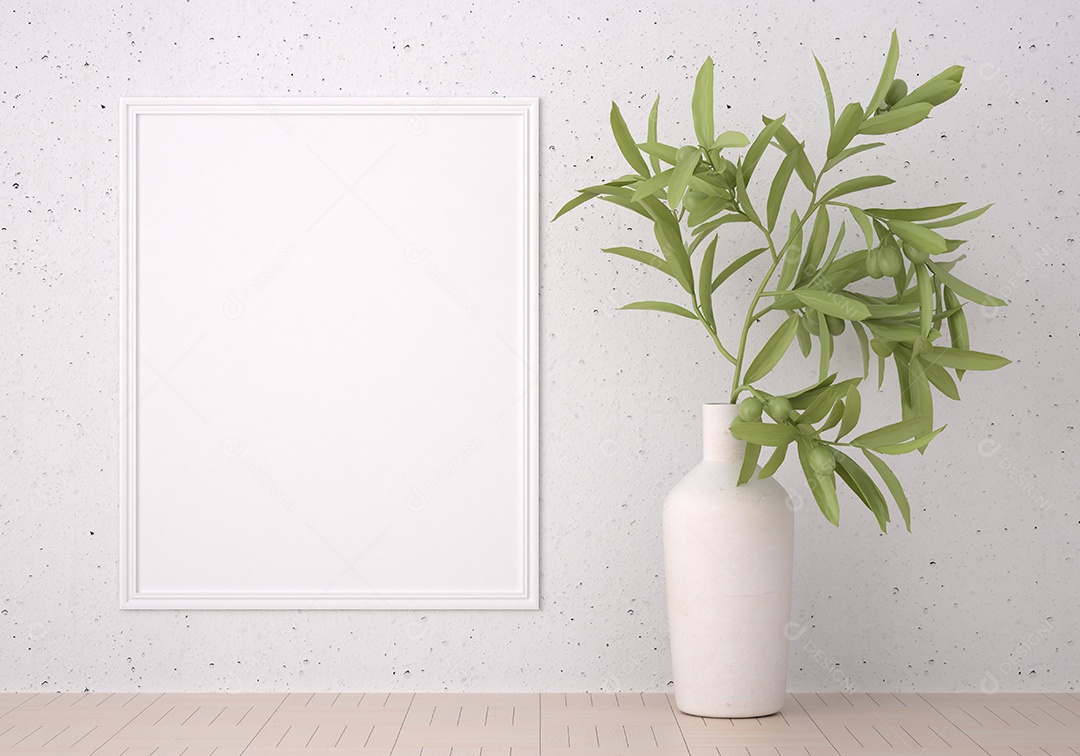 Molduras para fotos de maquete de ilustração 3D na bela parede da sala de estar, galho de árvore em vaso, decorado com interior de estilo escandinavo e renderização natural