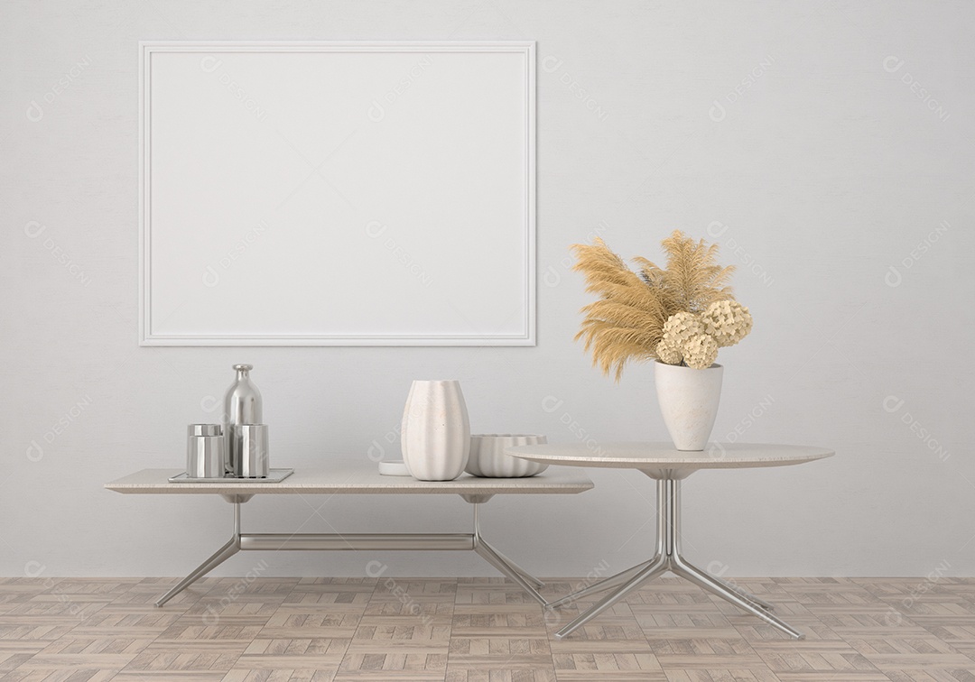 Molduras para fotos de maquete de ilustração 3D na bela parede da sala de estar com flor seca em vaso, decorado com interior de estilo escandinavo e renderização natural