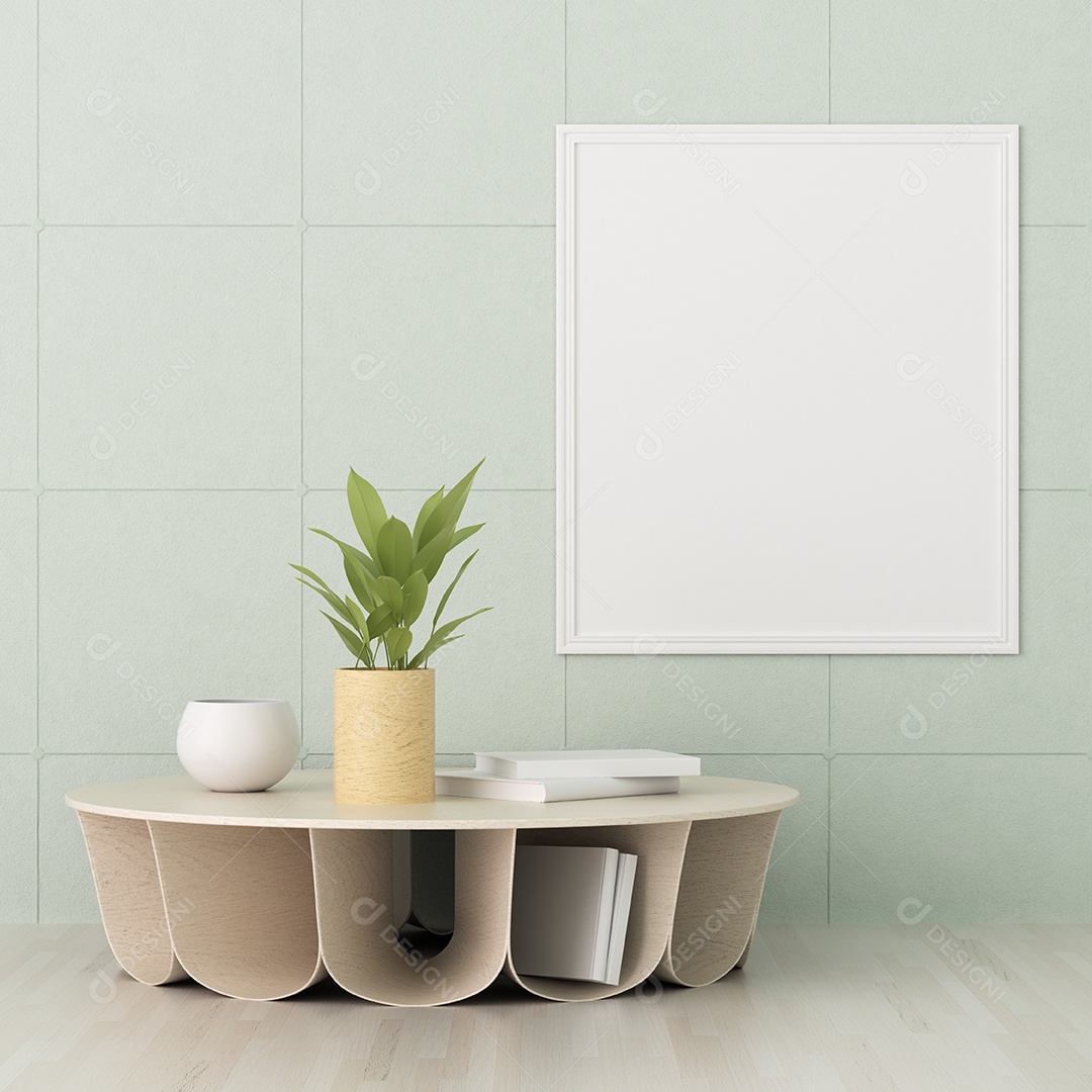 Molduras para fotos de maquete de ilustração 3D na bela parede da sala de estar com vaso de plantas, decorado com interior de estilo escandinavo e renderização natural