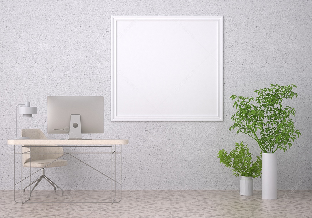 Placa em branco de maquete de ilustração 3D com moldura na parede na área de trabalho em casa, interior de estilo escandinavo