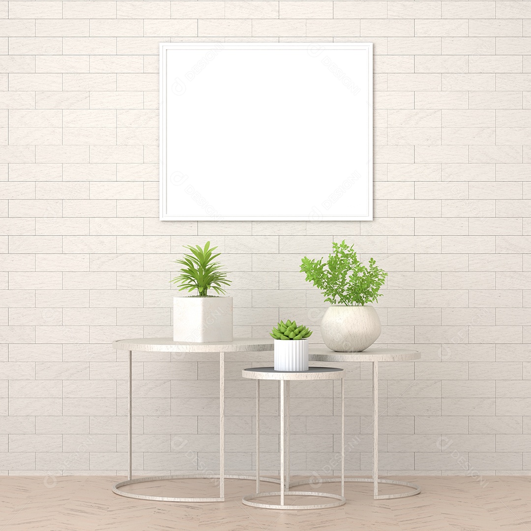 Molduras para fotos de maquete de ilustração 3D na bela parede da sala de estar com vaso de plantas, decorado com interior de estilo escandinavo e renderização natural