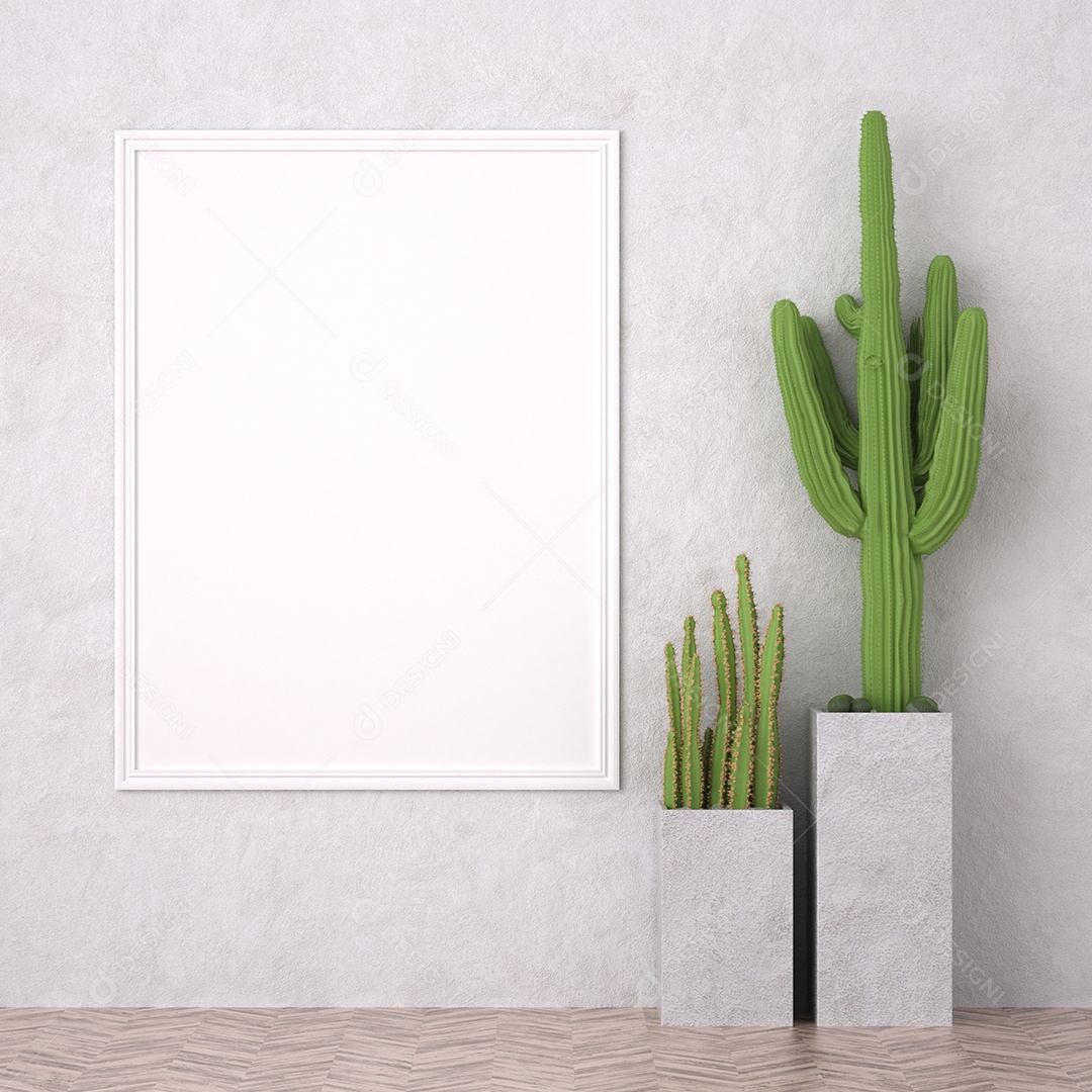 Molduras para fotos de maquete de ilustração 3D na bela parede da sala de estar com vaso de plantas, decorado com interior de estilo escandinavo e renderização natural