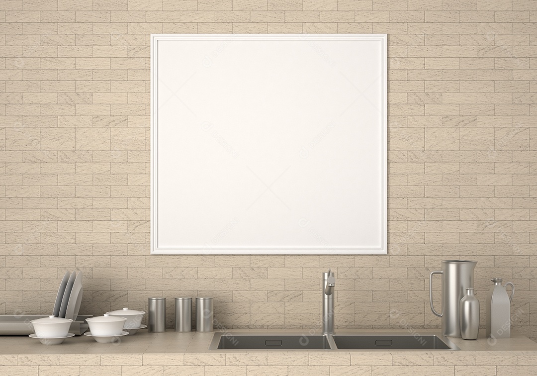 Placa grande de maquete de ilustração 3D com moldura na sala de jantar com cozinha em casa, cores pastel interiores de estilo escandinavo