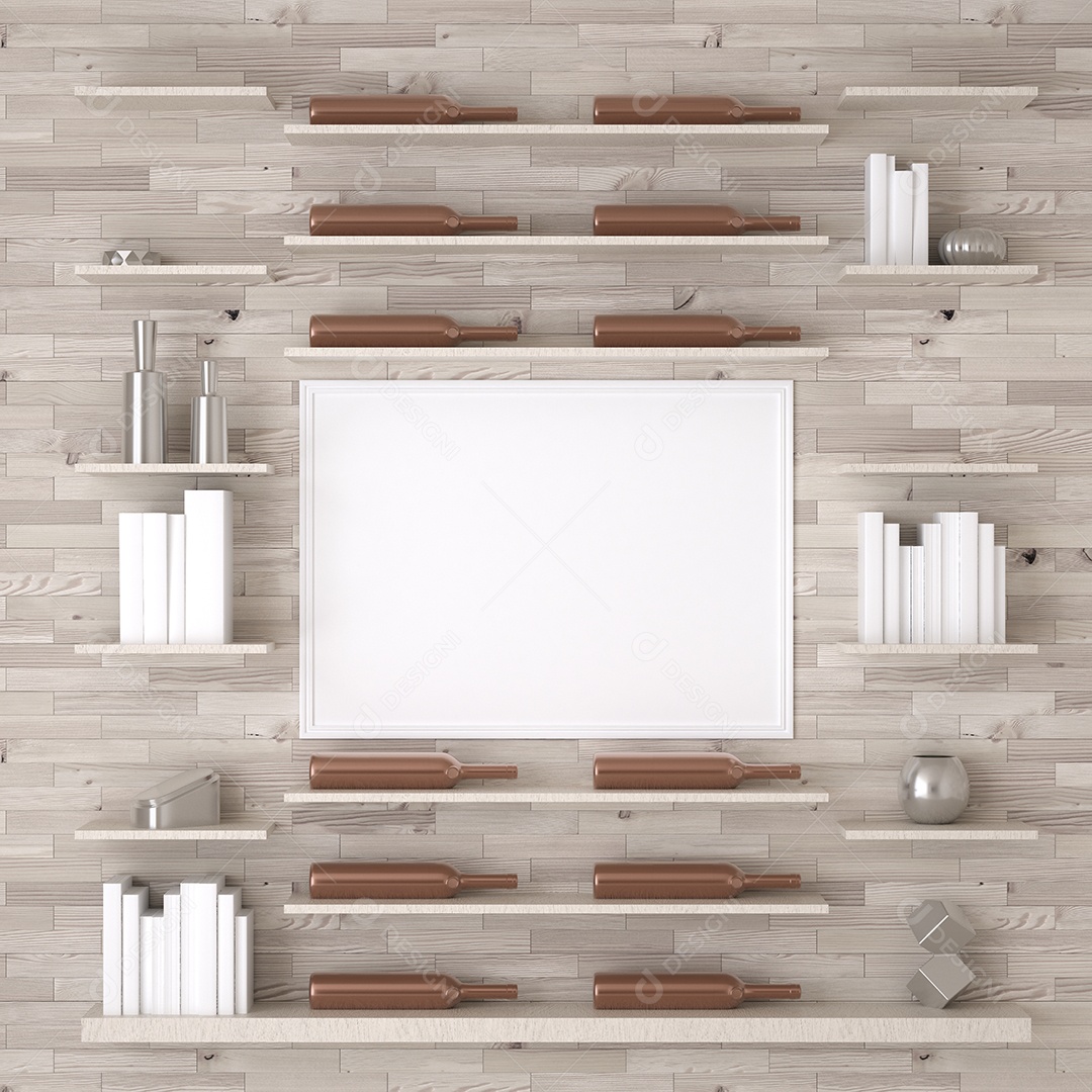 Placa grande de maquete de ilustração 3D com moldura na sala de jantar com cozinha em casa, cores pastel interiores de estilo escandinavo