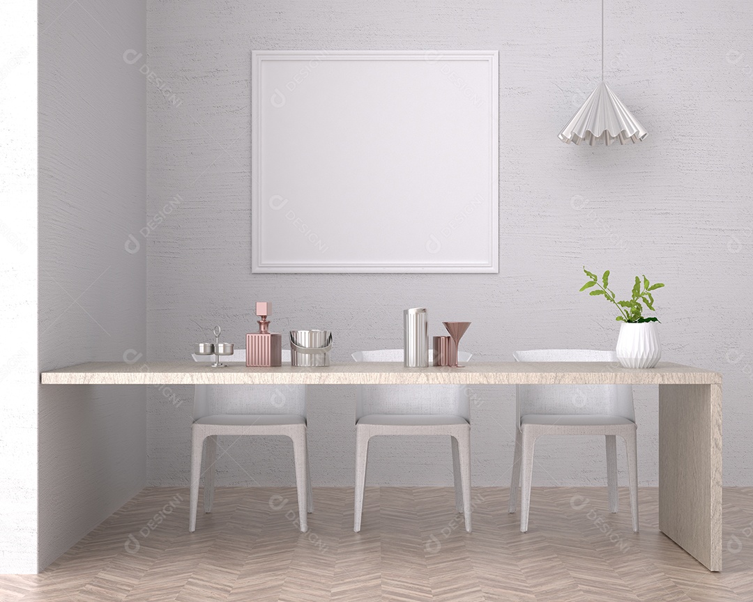 Placa grande de maquete de ilustração 3D com moldura na sala de jantar em casa ou restaurante, cores pastel interiores de estilo escandinavo