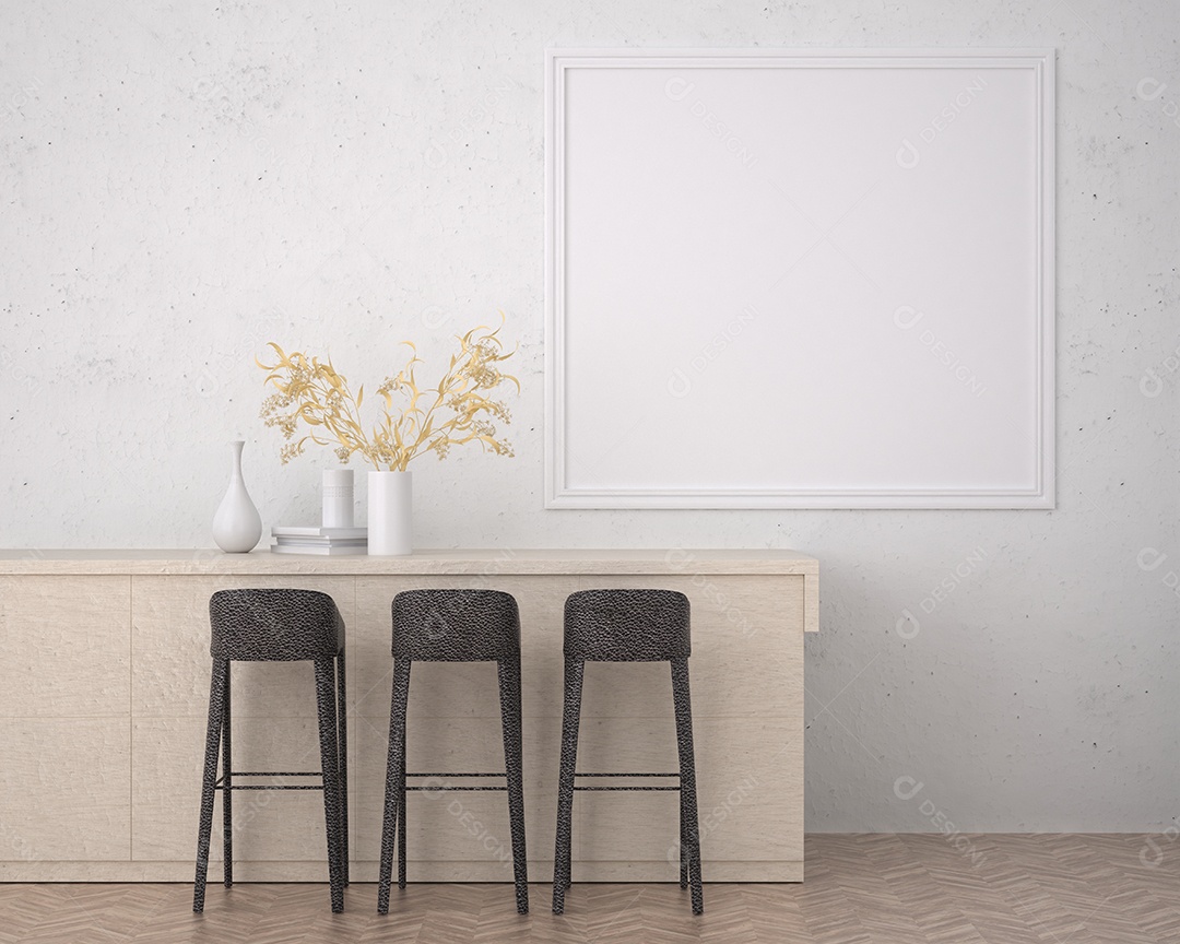 Placa grande de maquete de ilustração 3D com moldura na sala de jantar com cozinha em casa, cores pastel interiores de estilo escandinavo