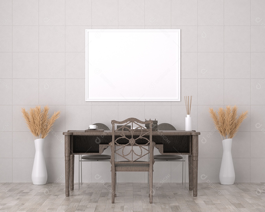 Placa grande de maquete de ilustração 3D com moldura na sala de jantar com cozinha em casa, cores pastel interiores de estilo escandinavo